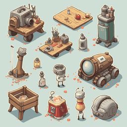 An assortment of vintage and fantastical objects, including a camcorder, stove, refrigerator, table, car, suitcase, and lantern, are arranged on a light blue backdrop.