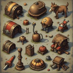 An assortment of whimsical, antique-style objects in warm hues, including barrels, tanks, barrels, a donkey, and a cannon, arranged on a simple beige background.
