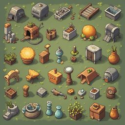 An assortment of whimsical buildings and objects, including a hut, furnace, birdhouse, flowerpot, clock, lantern, vase, and bucket, are scattered across a verdant field.