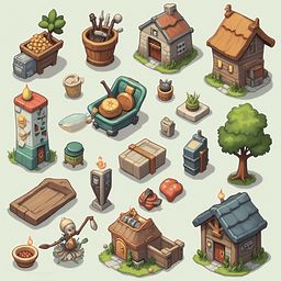 An assortment of whimsical buildings and objects, including a tree, house, cart, barrel, bucket, pot, toolbox, stove, fire, and fruit, populates a charming scene.