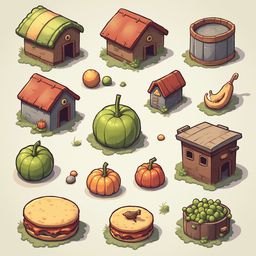An assortment of whimsical buildings and objects, including a wooden house, barrel, piggy bank, pumpkin, birdhouse, sandwich, and bowl of grapes/peas, arranged on a grassy surface.