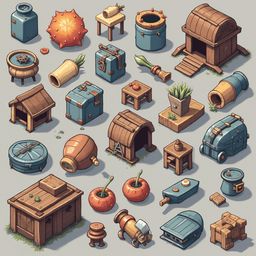 An assortment of whimsical, handcrafted objects in various shapes, sizes, and colors, including wooden structures, containers, and tools.