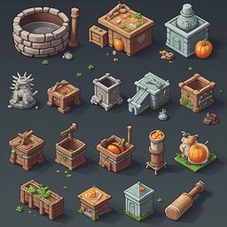 An assortment of whimsical, miniature structures and objects, including a stone well, wooden buildings, animals, and objects, are arranged on a dark gray background.