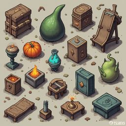 An assortment of whimsical objects, including a wooden chest, green gourd, pumpkin, candle, vase, and figurines, is scattered across a beige backdrop.