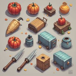 An assortment of whimsical objects, including a pumpkin, treasure chest, sword, pot, and chest, is scattered across a light gray backdrop.