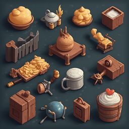 An assortment of whimsical objects, including a golden bowl of honey, teapot, pumpkin, rock, treasure chest, wooden chair, and heart-shaped bucket, are arranged on a dark blue background.
