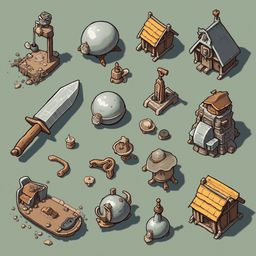 An assortment of whimsical objects, including a wooden house, teapot, sword, and orb, are scattered across a light green backdrop.