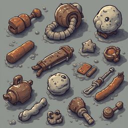 An assortment of whimsical, organic-looking objects in brown, orange, and white, scattered across a gray surface.
