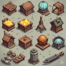 An assortment of wooden and metallic objects, including a chest, orb, fire, house, orb, barrel, tool, and robot, are scattered across a simple floor.