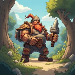 A bearded, armored man stands on a dirt path in a forest, holding a sword and shield, exuding confidence amidst greenery and distant mountains.