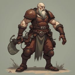 A bearded, armored warrior stands in a ready stance, wielding tools and armor in earthy tones against a muted gray backdrop.