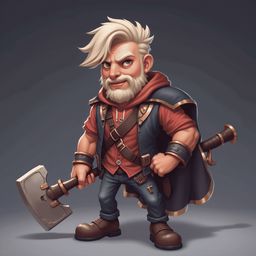 A bearded, blonde-haired man in a red shirt, brown vest, and cape holds a large axe and staff, exuding confidence against a gray background.