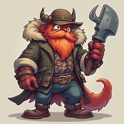 A bearded, horned humanoid character in a green coat, brown hat, and red gloves holds a large axe and wears a belt with pouches.