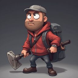 A bearded man in a red jacket, blue jeans, and brown boots, carries a large axe and hiking gear, appearing ready for an adventure.