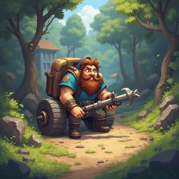 A bearded man in blue shirt and brown pants, carrying a large backpack and axe, walks along a forest path.