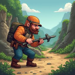 A bearded man in orange jacket, blue pants, and brown boots, carries a large backpack and holds a hammer on a dirt path in a rocky, green mountainous landscape.