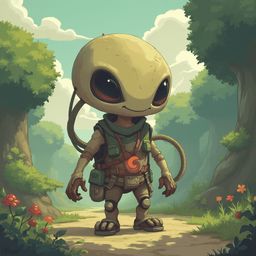 A beige alien with red eyes, green scarf, and utility gear stands on a dirt path in a lush forest, surrounded by red and orange flowers.
