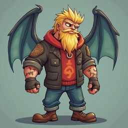 A blonde-haired, bearded man, dressed casually and sporting bat wings, stands confidently with tattoos on his arms and wears a red shirt with an orange symbol and blue jeans.