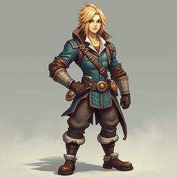 A blonde-haired, blue-jacketed character with brown boots stands confidently, exuding a serious expression against a plain gray backdrop.