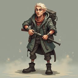 A blonde-haired man in a green jacket, brown pants, and boots holds a rifle, standing against a light blue-gray background with small white sparks.