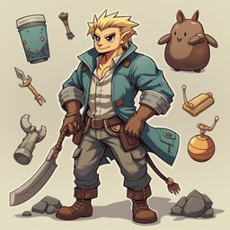 A blonde-haired man in a green jacket, brown pants, and boots holds a large sword, standing amidst various objects against a light beige background.