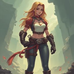 A blonde woman in red and white attire, armed with a sword, stands confidently in a dark cave, gazing at the viewer.