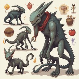 A blue alien-like creature with a red scarf and spikes stands amidst smaller creatures, fruits, and objects.