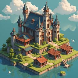 A blue and orange castle with red roofs and turrets sits on an island surrounded by green grass and water, with small buildings and a bird in the foreground.