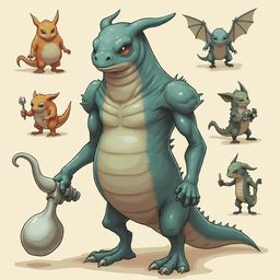 A blue dragon-like creature with horns and red eyes holds a silver staff, accompanied by four smaller dragon-like creatures in various shades of green, blue, and orange.