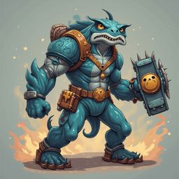 A blue dragon-like creature with horns, wings, and a backpack stands confidently, holding a shield and displaying a fierce expression.