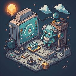 A blue robot holds a small yellow device on a cluttered platform, with a large gray box, lightbulb, and clouds in the background.
