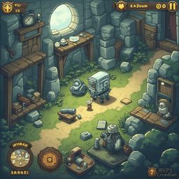 A blue robot navigates a rugged cave-like environment, accompanied by a humanoid character and various objects.