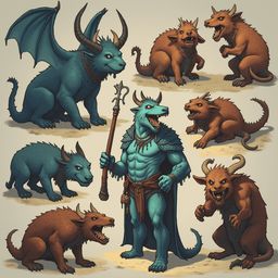 A blue-skinned humanoid creature with horns and a staff is surrounded by various brown, horned creatures with varying poses and expressions.