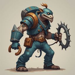 A blue-skinned humanoid warrior, equipped with a backpack, toolbox, spiked club, and red hair, stands ready for battle against a plain beige background.