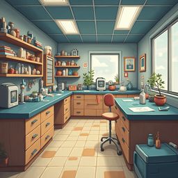 A blue-walled laboratory with wooden cabinets, equipment, and plants is illuminated by fluorescent lights, with a red chair in the center.