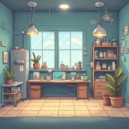 A blue-walled room with a wooden desk, bookshelf, and appliances features two windows, green plants, and a clock.