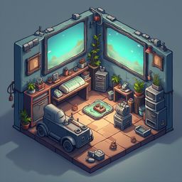 A blue-walled room with tiled floor, desk, bookshelf, and plants features a vintage car, robot, and fish tank, creating a whimsical and functional space.