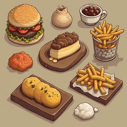 A burger, fries, cake, onion rings, pickles, and sauce are arranged on a wooden table.