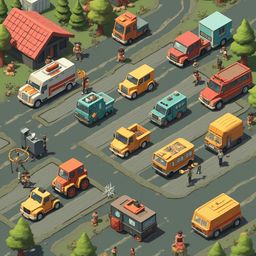 A bustling parking lot scene features various vehicles, buildings, and people in a cartoon-like style.