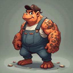 A cartoon bear, dressed in blue overalls and brown cap, stands confidently with outstretched arms, surrounded by small rocks.