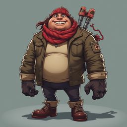 A cartoon character with a large, round body, wearing a green jacket, red scarf, and brown boots, smiles and holds two orange objects.