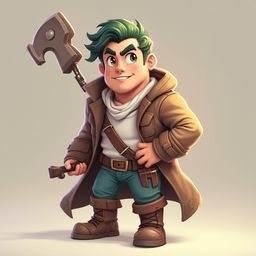 A cartoon character with green hair, brown coat, and boots holds a large axe, smiling warmly against a light gray background.