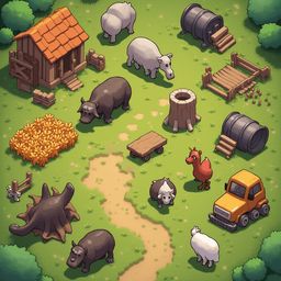 A cartoon farm scene features a red hut, animals, a truck, and a path, set against a green backdrop with yellow flowers.