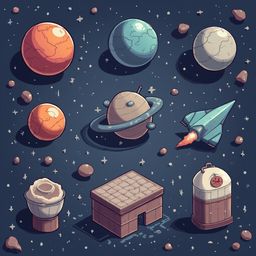 A cartoon illustration features a blue planet, an orange planet, a gray planet, a ringed planet, a spaceship, a meteor, a cupcake, and a brown building, set against a dark blue starry sky.