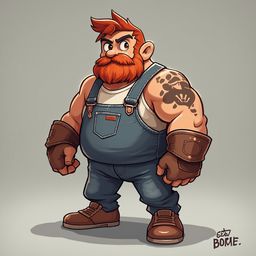 A cartoon man with red hair, beard, and tattoos wears blue overalls and brown shoes, standing confidently against a light gray background.