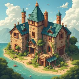 A castle with green roofs and orange walls sits on a small island, surrounded by blue water and green trees.