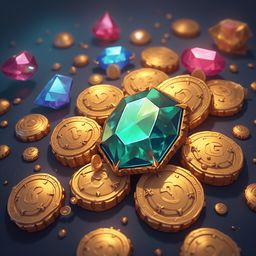 A central green gemstone surrounded by gold and pink jewels lies on a dark blue surface.