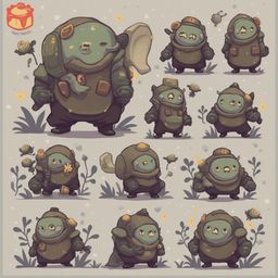 A character design sheet features a large, green-skinned creature with orange accents, depicted in various poses and outfits amidst small plants and flowers.