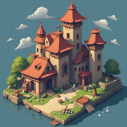 A charming, castle-like structure with red roofs and orange walls sits on a small island, surrounded by blue water and white clouds.