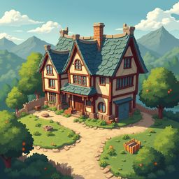 A charming cottage with red brick and wooden accents sits amidst lush greenery, offering a panoramic view of rolling hills and majestic mountains.